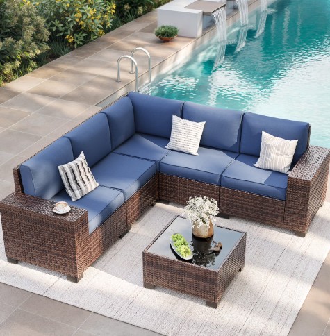 ELPOSUN Outdoor Sectional Furniture Set 6-Piece Brown Rattan Wicker Conversation Sofa Set with Glass Top Table ,Blue Cushions