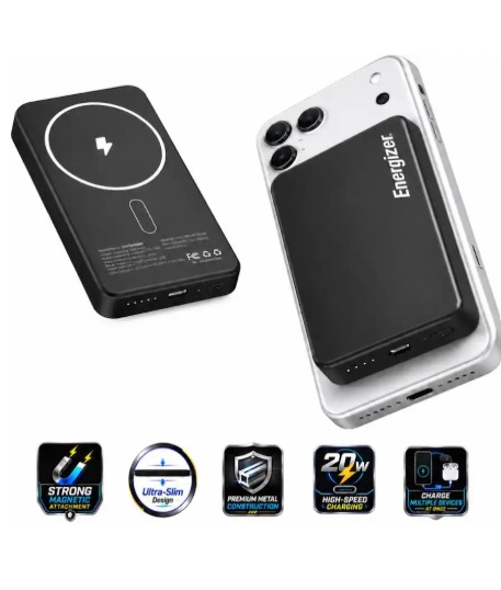 Energizer – 10,000mAh SLIM METAL 20W Magnetic Wireless Qi/Qi2.0/MagSafe PowerBank, Portable Charger, 2 Outputs, LED Display, & USB-C – Black