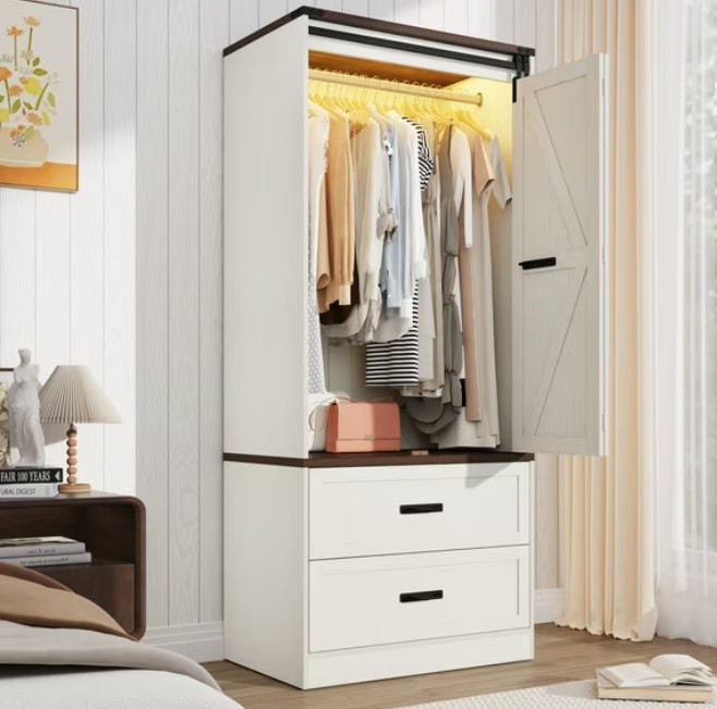 ChVans 72.8”H Armoire Wardrobe Closet with Sensor Light and 2 Drawer, Farmhouse Bedroom Armoire Cabinet with Hanging Rod, Wooden Wardrobe Cabinet with folding sliding barn door for Bedroom