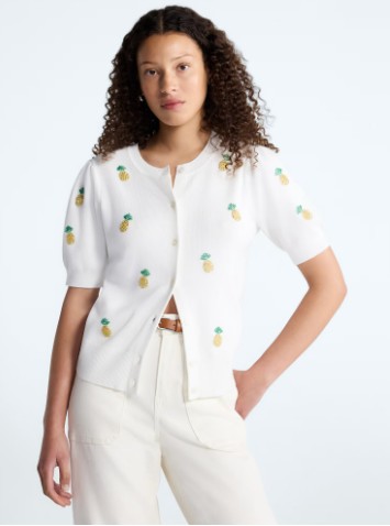 Free Assembly Women’s and Women’s Plus Beaded Cardigan Sweater with Short Puff Sleeves, Lightweight, Sizes XS-4X