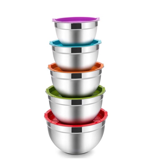 Mixing Bowls with Lids Set of 5, Vesteel Stainless Steel Mixing Bowls Metal Nesting Salad Bowls, Size 4.5, 3, 1.5, 1, 0.7 QT Great for Cooking, Baking, Serving – Multi-Color