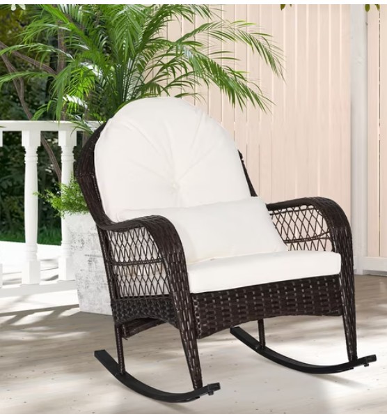 Costway Patio Wicker Rocking Chair W/Seat Back Cushions & Lumbar Pillow Porch Off White