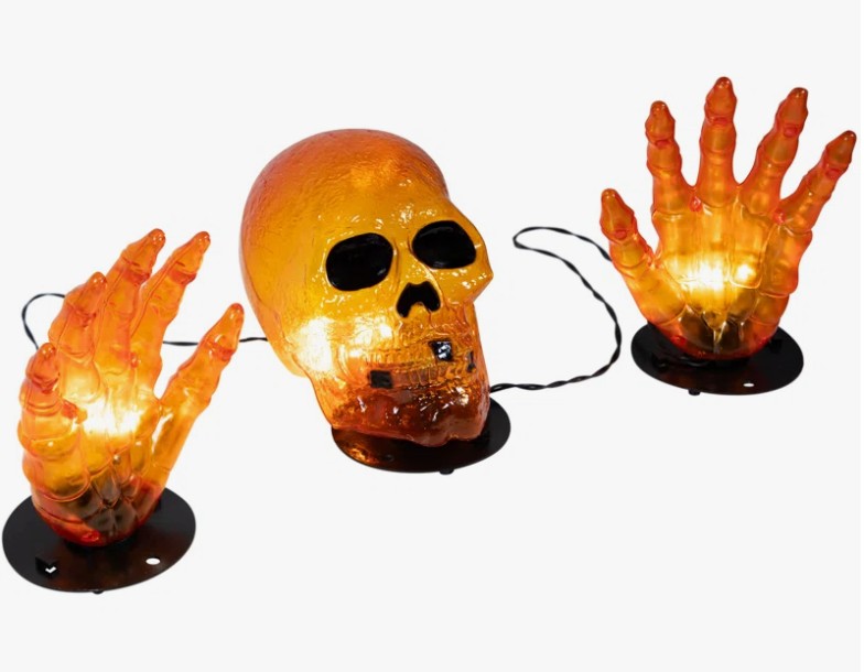 8.5″ Lighted Orange Skull and Hands Outdoor Halloween Decoration – 4ft Black Wire