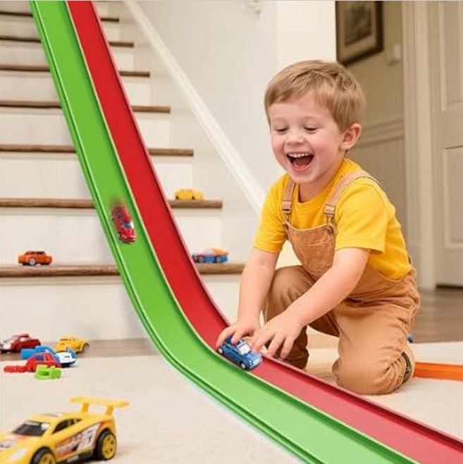 Flex Tracks 15 Ft Starter Set, Flexible Race Track for Kids 3+ with Strong Suction Cups, Flexible Car Track Race Car Ramp Track Compatible with 1/64 Diecast Cars, Portable Rolls Up Race Tracks