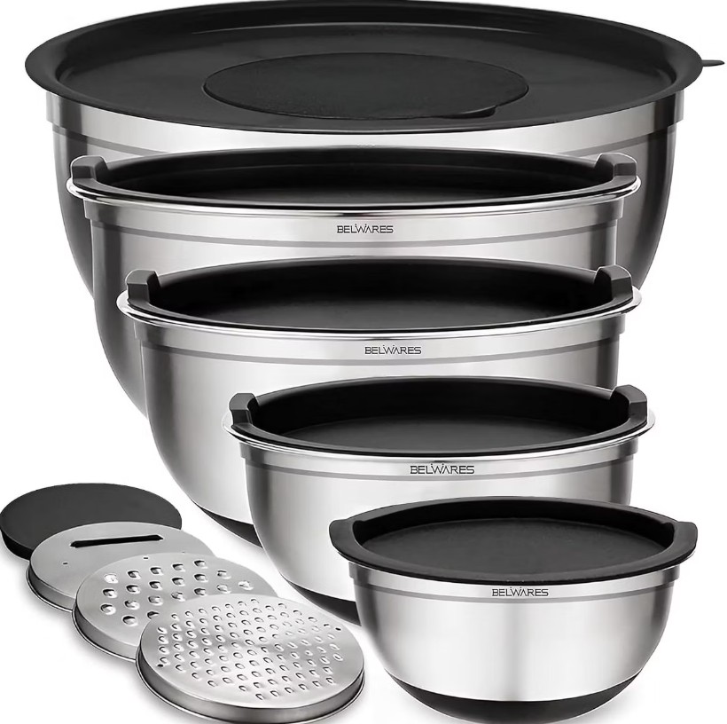 Mixing Bowls with Lids Set – Nesting Bowls with Airtight Lids Graters – Stainless Steel Non-Slip Mixing Bowl for Baking, (Black, 5-Piece Set)
