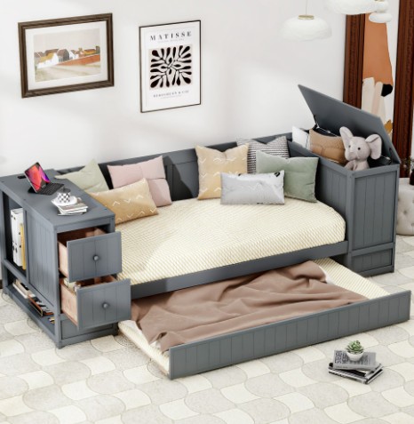 Euroco Wood Twin Size Daybed with Trundle, Storage Cabinets with Shelves and Drawers, Charging Station Sofa Bed, Gray