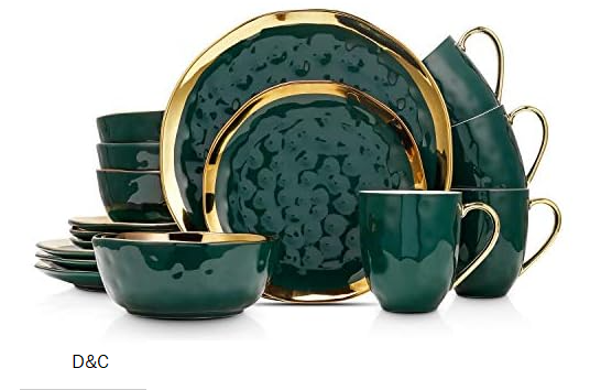 Stone Lain Florian Modern Porcelain 16 Piece Dinnerware Set, Plates and Bowls Set, Dish set for 4, Green and Golden Rim