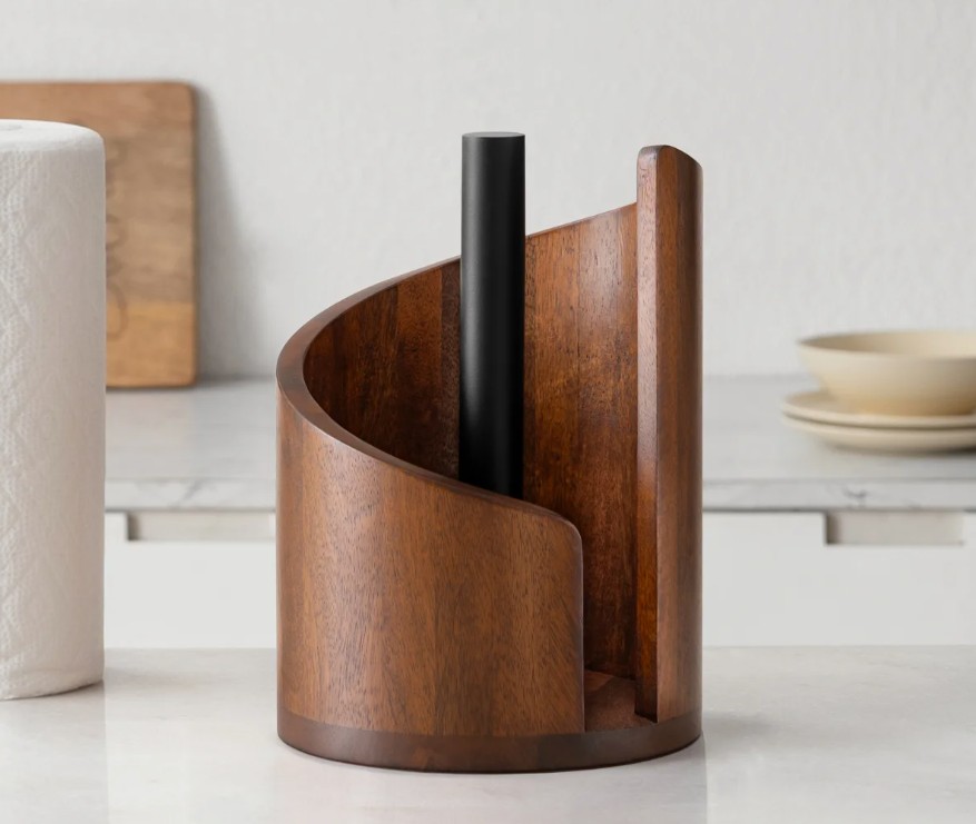 Wooden Paper Towel Holder with Top Load Space Design for Kitchen and Table Decor, Anti Skid Base, Eco Friendly Mango Wood & Metal Rod – Walnut / Black