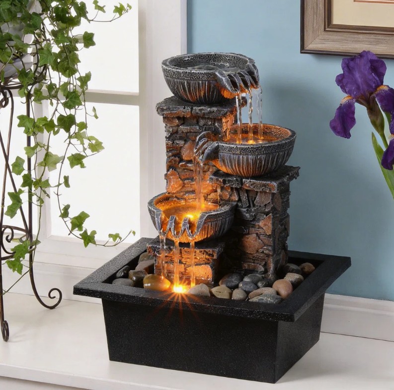 Tabletop Fountain 3 Bowls with LED Light Soothing Water Flowing Sound Fountain Zen/Meditation Home/Office Decor Home Décor Relaxation Indoor