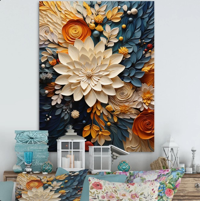 Orange Teal Botanical Whirlwind IV Watercolor Painting Print