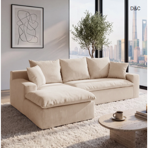 92.5“ L-Shaped Modular Sectional Couch Chenille Compression Sofa with Pocket Spring, 2 Pieces Modern Deep Seat Sofa, Upholstered Couches for Living Room, Cream