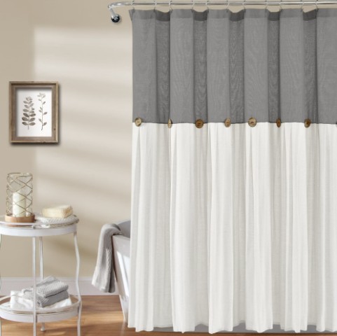 Lush Decor Linen Button Farmhouse Chic Color Blocking with Pleats and Button Embellishments Cotton Blend Shower Curtain, Dark Gray/White, 72″L x 72″W, Single