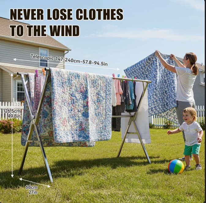 JOYBOS Telescopic clothes drying rod, foldable and space-saving, heavy-duty design. Ideal for sheets, quilts, carpets and garments. Perfect for laundry rooms and yards. Equipped with 20 windproof hooks and 12 sock clips, no assembly required