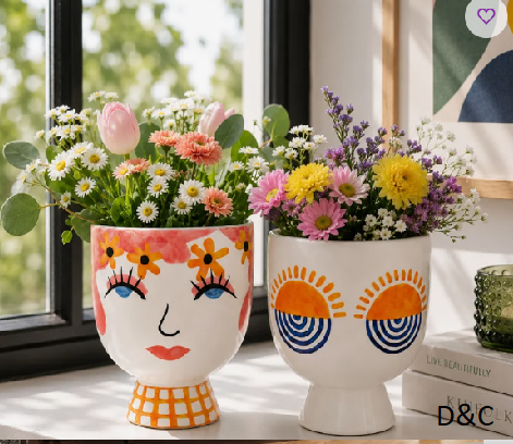 Set Of 2 Decorative Ceramic Outdoor Planters On Stand With Artistic Face & Sun Designs For Living Room Decor