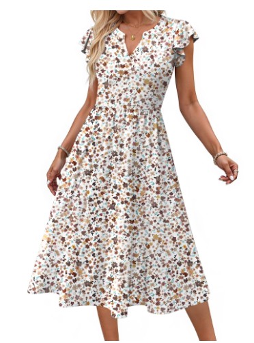 Fantaslook Summer Dresses for Women Ruffle Sleeve V Neck Midi Dresses Fashion Casual Flowy Vacation Sundress