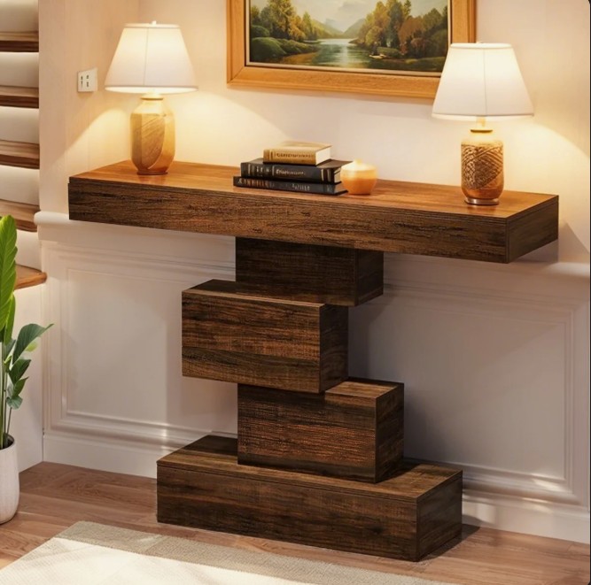 42.5″ Console Table, Wood Sofa Table Accent Table with Geometric Base