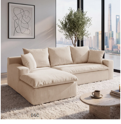 92.5“ L-Shaped Modular Sectional Couch Chenille Compression Sofa with Pocket Spring, 2 Pieces Modern Deep Seat Sofa, Upholstered Couches for Living Room, Cream