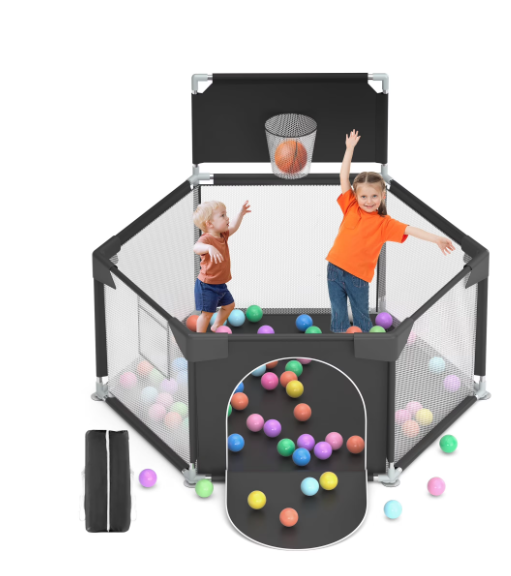 babyeap Baby Playpen with Basketball Hoop,Playpen for Babies and Toddlers,Hexagonal Fence Baby Play Yards,Black