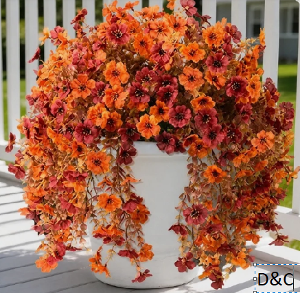2 Pcs Orange Brown Artificial Flowers for Outdoors Fake Mums Hanging Plants