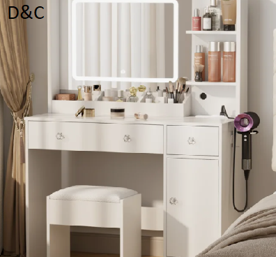 34″ W Vanity Desk Set With Led Lighted Mirror & Power Outlet