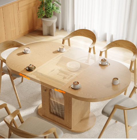 Patbrela 43.3″–59″ Extendable Dining Table with Storage, Oval Dining Room Table for 4-6, Space-Saving Kitchen Table with Removable Leaves for Kitchen & Living Room, Natural