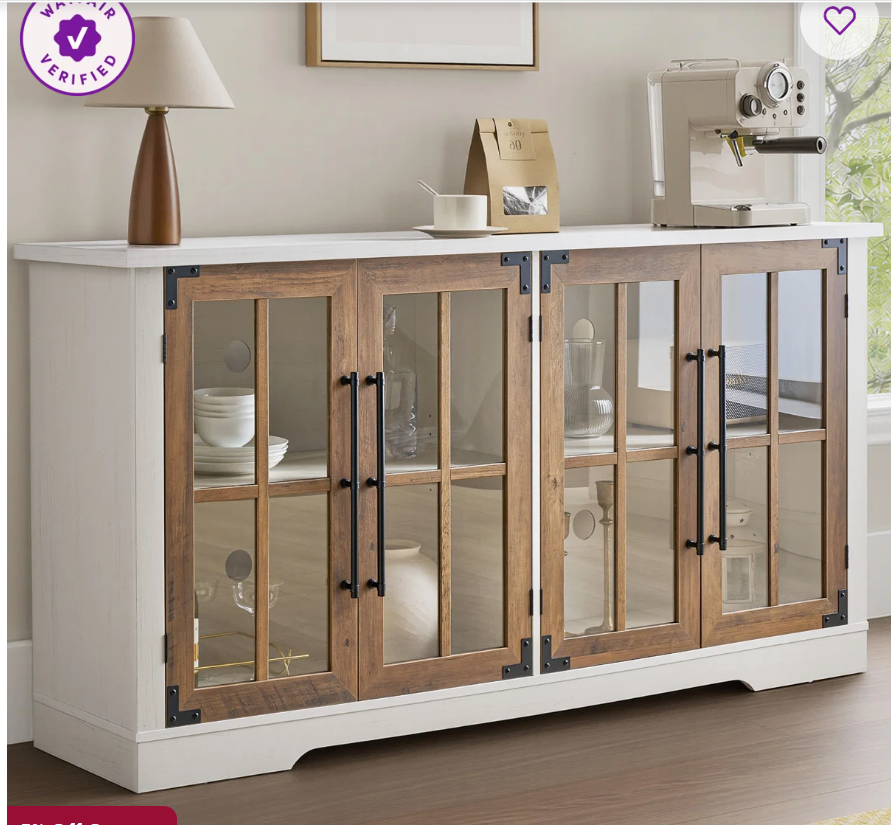 Pfarr 63″ W Farmhouse Wood Sideboard with Glass Doors and Adjustable Shelves, White