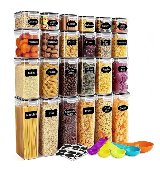stusgo 24 Pack Airtight Food Storage Containers with Lids, Plastic Kitchen and Organization Canisters for Cereal, Flour and Sugar, BPA Free, Includes Spoons, Labels and a Pen