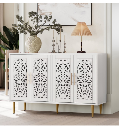 HLR 48″ Accent Cabinet with 4 Doors, Vintage Sideboards and Buffet Cabinet with Storage, White Credenza