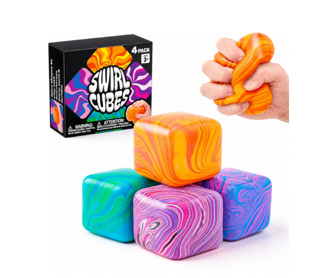 Joyfy 4 Pack Swirl Cube Squishy Toys, Colorful Sensory Fidget Stress Relief Toys, Squeeze Cubes for Kids Adults, Classroom Rewards, Party Favor Gifts