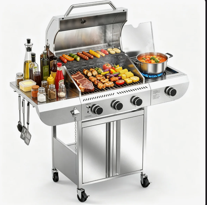 R.W.FLAME 3 – Burner Stainless Steel Gas Grill with 1 Side Burner & Dual Brake Universal Wheels, 34,000 BTU Liquid Propane Gas Grill, Ideal for Outdoor Grilling & Backyard Use