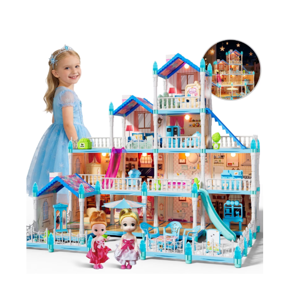 JoyStone Dollhouse with Warm Light, Pretend Play 14 Rooms DIY Playhouse, Kids Doll House with 2 Dolls, Creative Gift for Girls, Blue