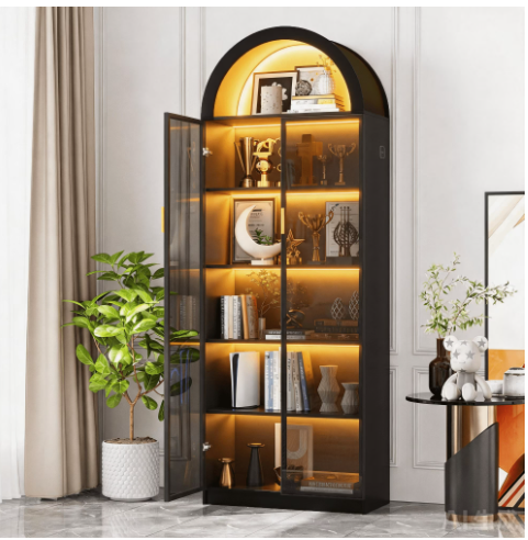 VKCC 69.7″ LED Arched Display Cabinet with Door, Modern Curio Book Case with Storage for Living Room Office, Black