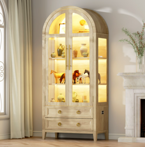 VKCC 69.7″ LED Arched Display Cabinet with Door, Modern Curio Book Case with Storage for Living Room Office, Black
