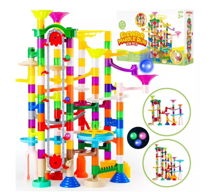Joyfy 236Pcs Glowing Marble Run with Motorized Elevator for Kids Toddler Construction STEM Toys Easter Birthday Christmas Gifts for Boys Girls Age 3-8