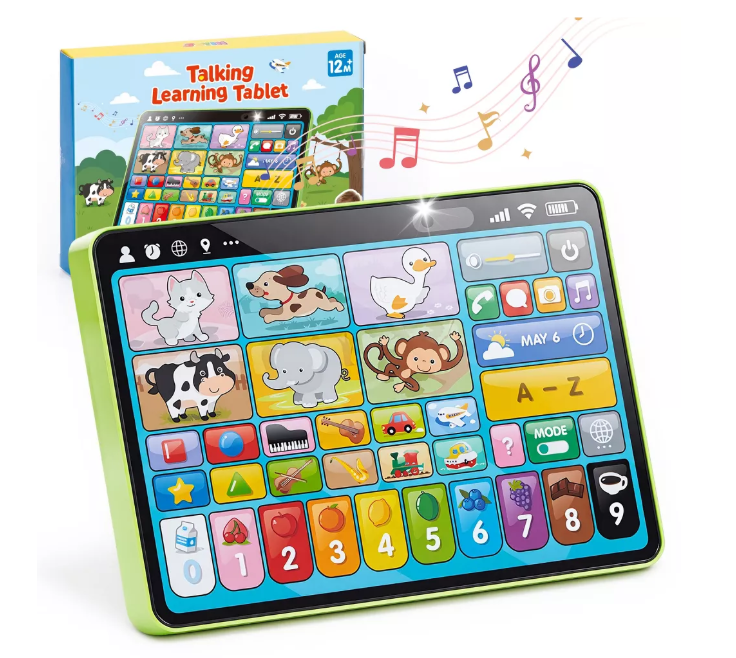 Joyfy Trilingual Learning Toy Tablet with Music & Sound, Montessori Speech Musical Therapy Toys, Gifts for Boy Girl Baby Toddler Age 1 2 3 Year Old