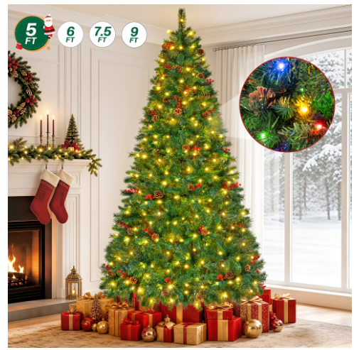 Firstness 5ft Pre-Lit Artificial Christmas Tree with 11 Lighting Modes, Xmas Tree with 625 Branch Tips,Pine Cones and Red Berries