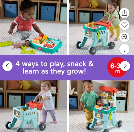Fisher-Price Laugh & Learn 4-in-1 Snack Cart Baby Walker & Toddler Learning Toy with 14 Play Pieces