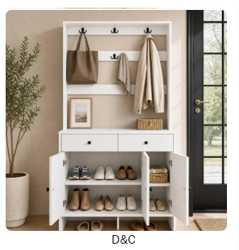 Modern Hall Tree With Shoe Storage And Coat Rack For Entryway, Entryway Organizer With 8 Shoe Cubbies & 8 Coat Hooks