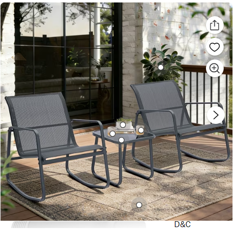 Ainfox 3 Piece Gray Patio Bistro Set, Outdoor Rocking Chairs with Glass Coffee Table, Gray Steel Frame Furniture for Balcony Porch Garden