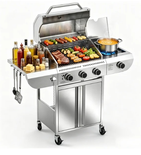 R.W.FLAME 3 – Burner Stainless Steel Gas Grill with 1 Side Burner & Dual Brake Universal Wheels, 34,000 BTU Liquid Propane Gas Grill, Ideal for Outdoor Grilling & Backyard Use