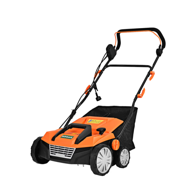 IronMax 13Amp Corded Scarifier 15″ Electric Lawn Dethatcher w/50L Collection Bag Orange