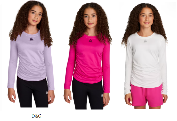 Reebok Girl’s Legacy Performance Long Sleeve Side Ruched Top, Sizes 4-18