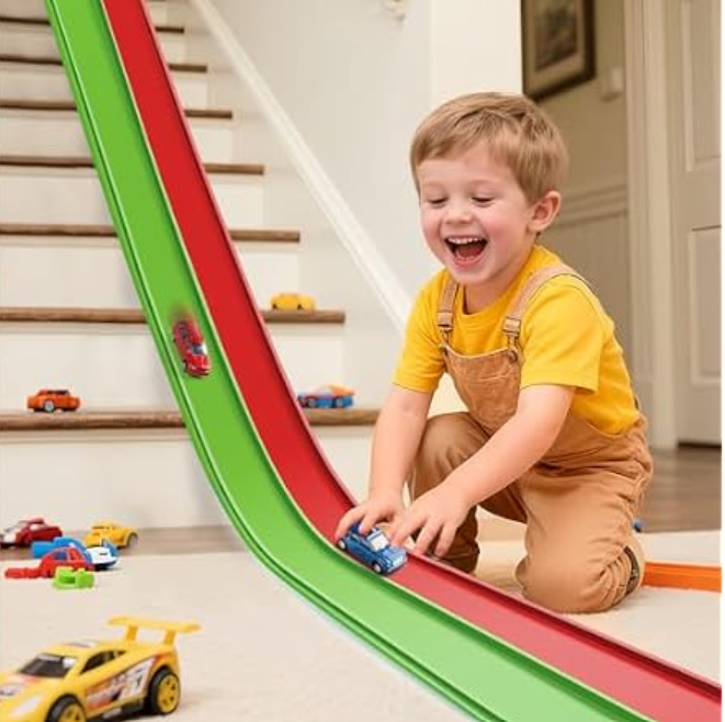 Flex Tracks 15 Ft Starter Set, Flexible Race Track for Kids 3+ with Strong Suction Cups, Flexible Car Track Race Car Ramp Track Compatible with 1/64 Diecast Cars, Portable Rolls Up Race Tracks