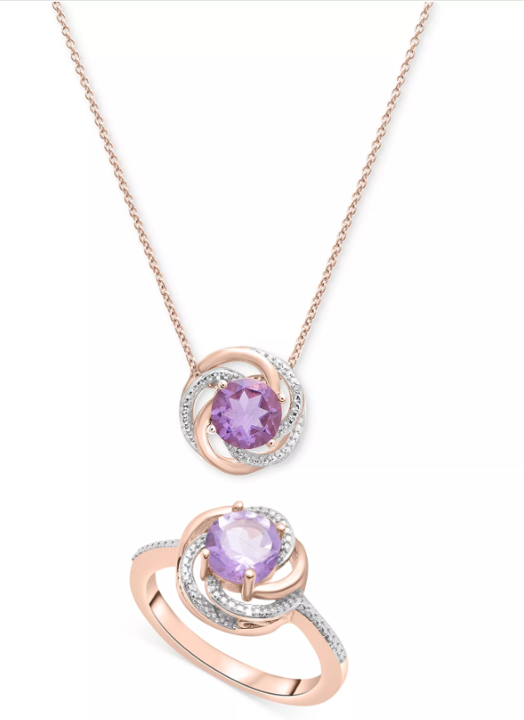2-Pc. Set Pink Amethyst (1-1/2 ct. t.w.) & Diamond Accent Spiral Pendant Necklace & Matching Ring in 14k Rose Gold-Plated Sterling Silver (Also in Blue Topaz & Citrine)
