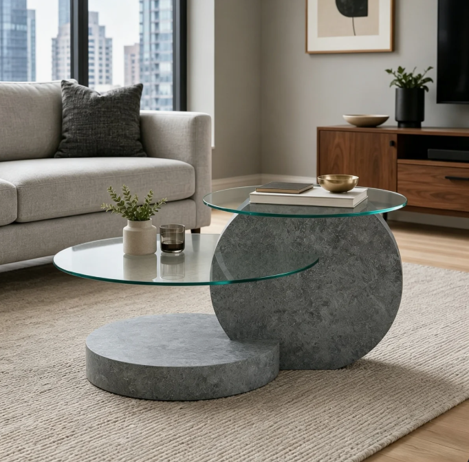 35.4″ Modern Multi-Level Coffee Table with Two Tempered Glass Tops and Lower Display Shelf