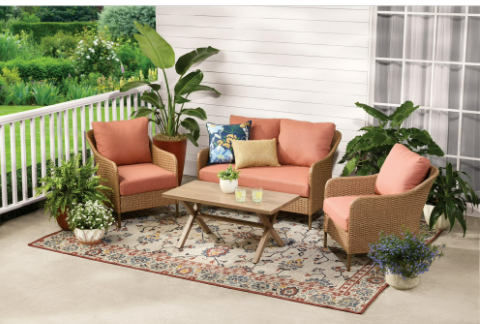 Mainstays Chelsea 4-Piece Outdoor Patio Deep Seating Set with Terracotta Cushions