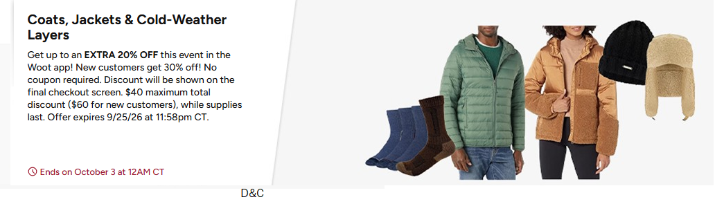 Coats, Jackets & Cold-Weather Layers:Get up to an EXTRA 20% OFF this event in the Woot app!