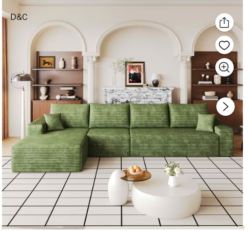 MAYEERTY 135 Inch Green Corduroy L-Shape Cloud Sectional Sofa, 4-Seat Modular Deep Chaise Couch Zero Assembly for Living Space