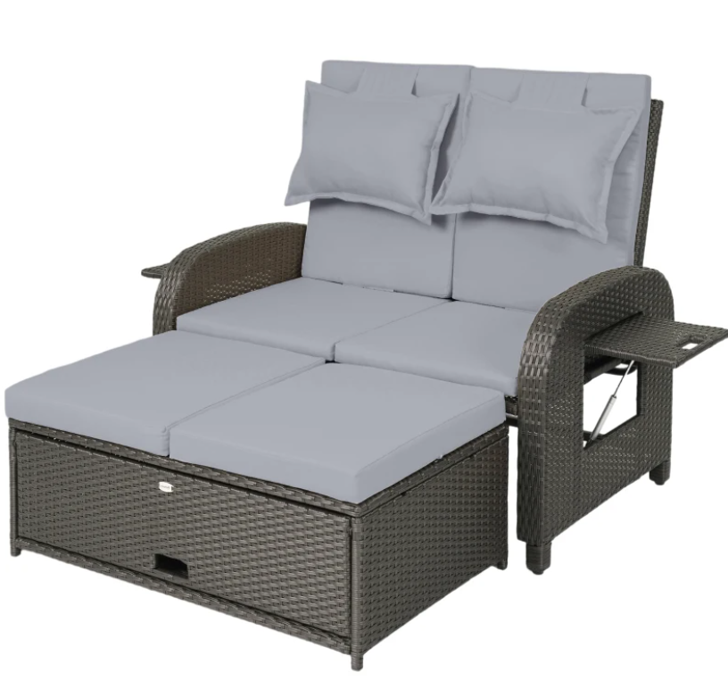 Outsunny Patio Rattan Daybed, Wicker Outdoor Daybed with Storage Ottoman, Loveseat w/ Adjustable Backrest, Gray