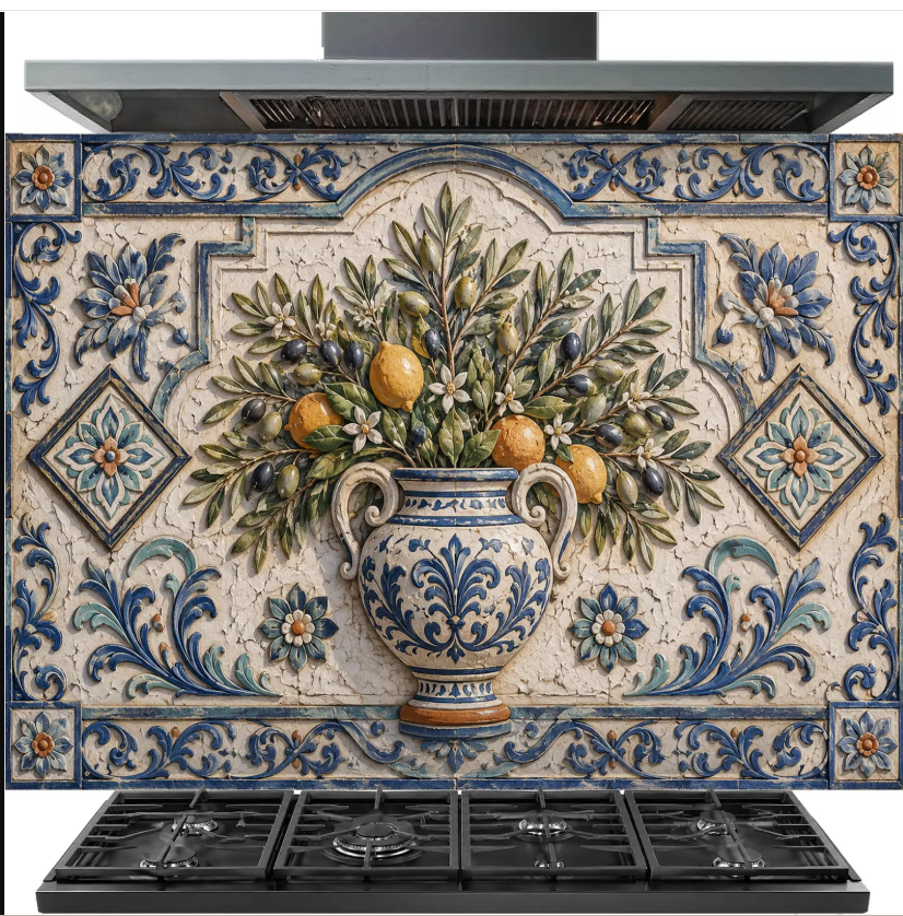 Mediterranean Lemon Tile Tempered Glass Backsplash for Kitchen